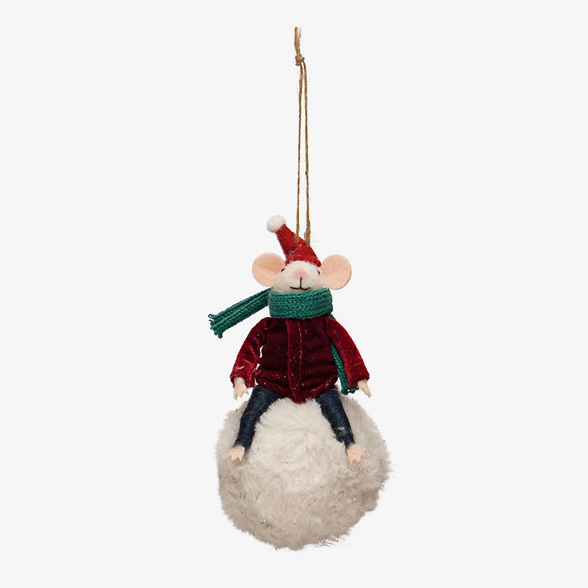 Wool Mouse Sitting on a Snowball Christmas Ornament