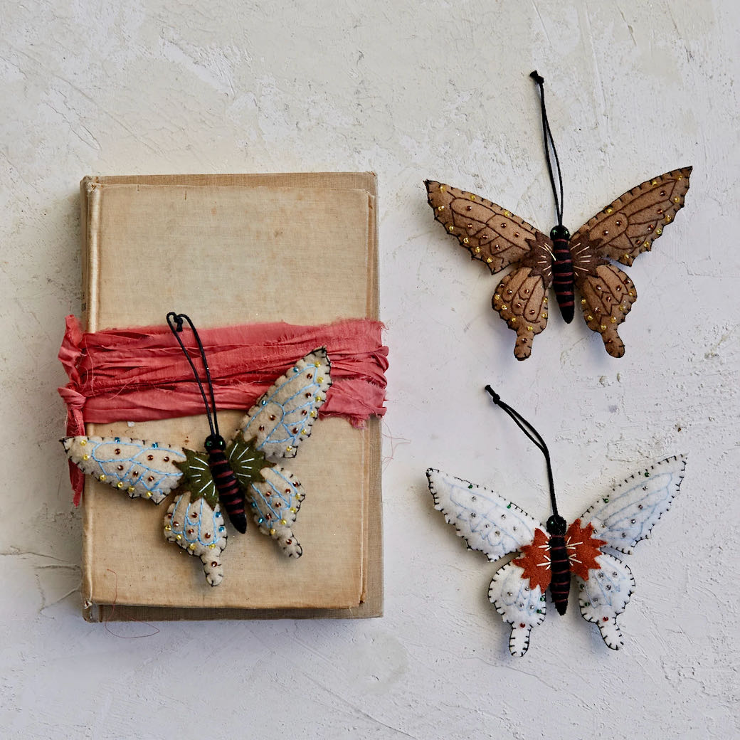 Set of Three Beaded Fabric Butterfly Christmas Ornaments