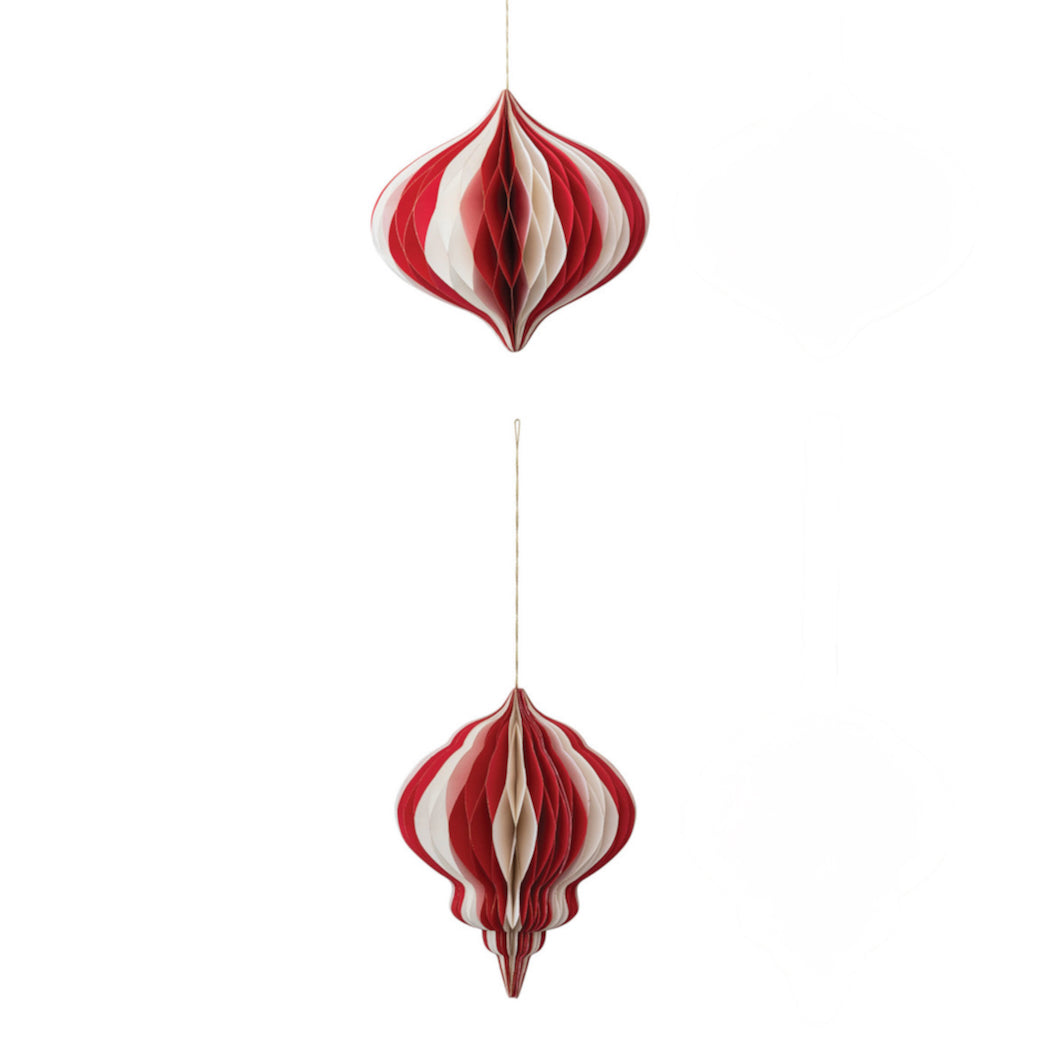 Red & Cream Paper Honeycomb Ornament w Glitter Edge CHOICE of 2 Styles