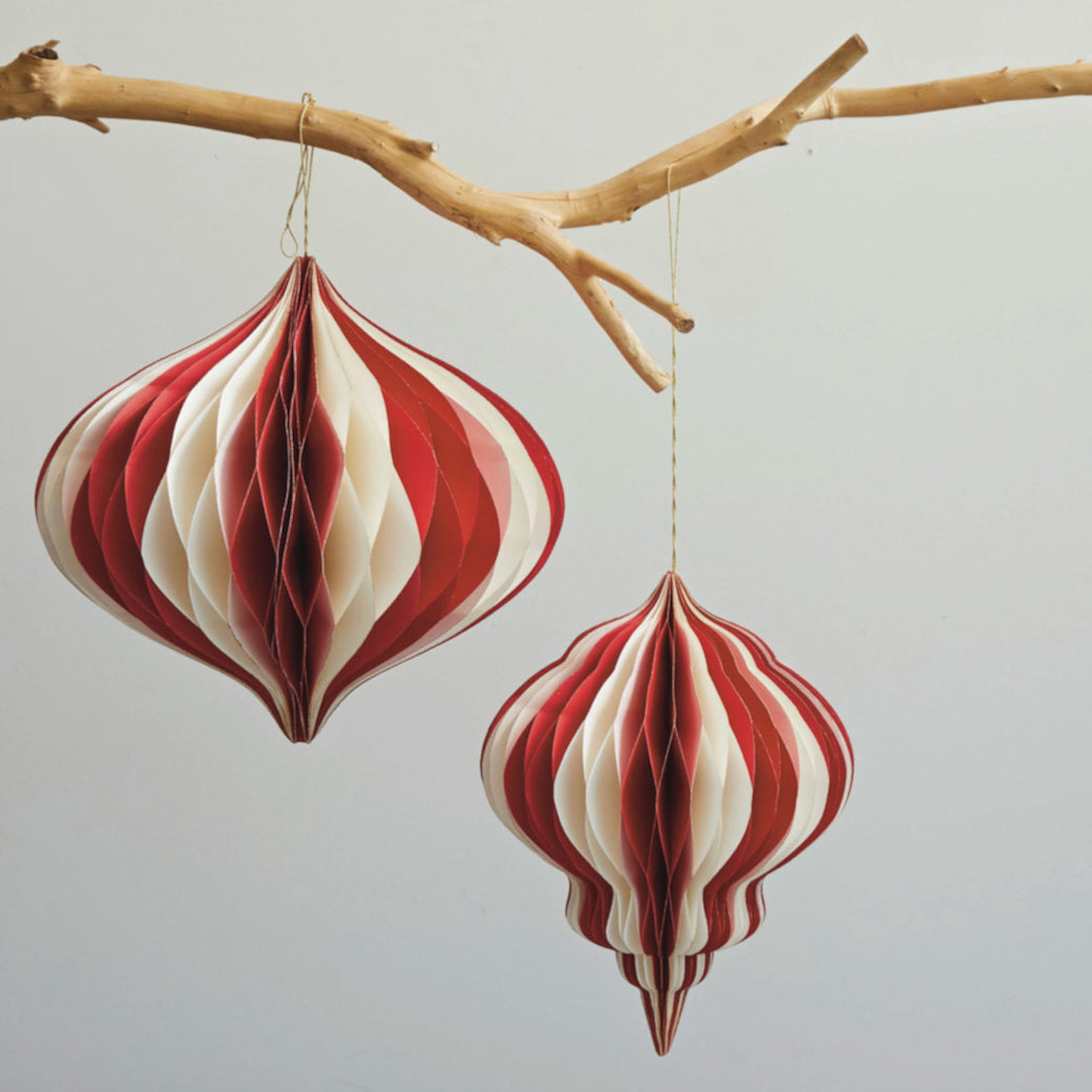 Red & Cream Paper Honeycomb Ornament w Glitter Edge CHOICE of 2 Styles