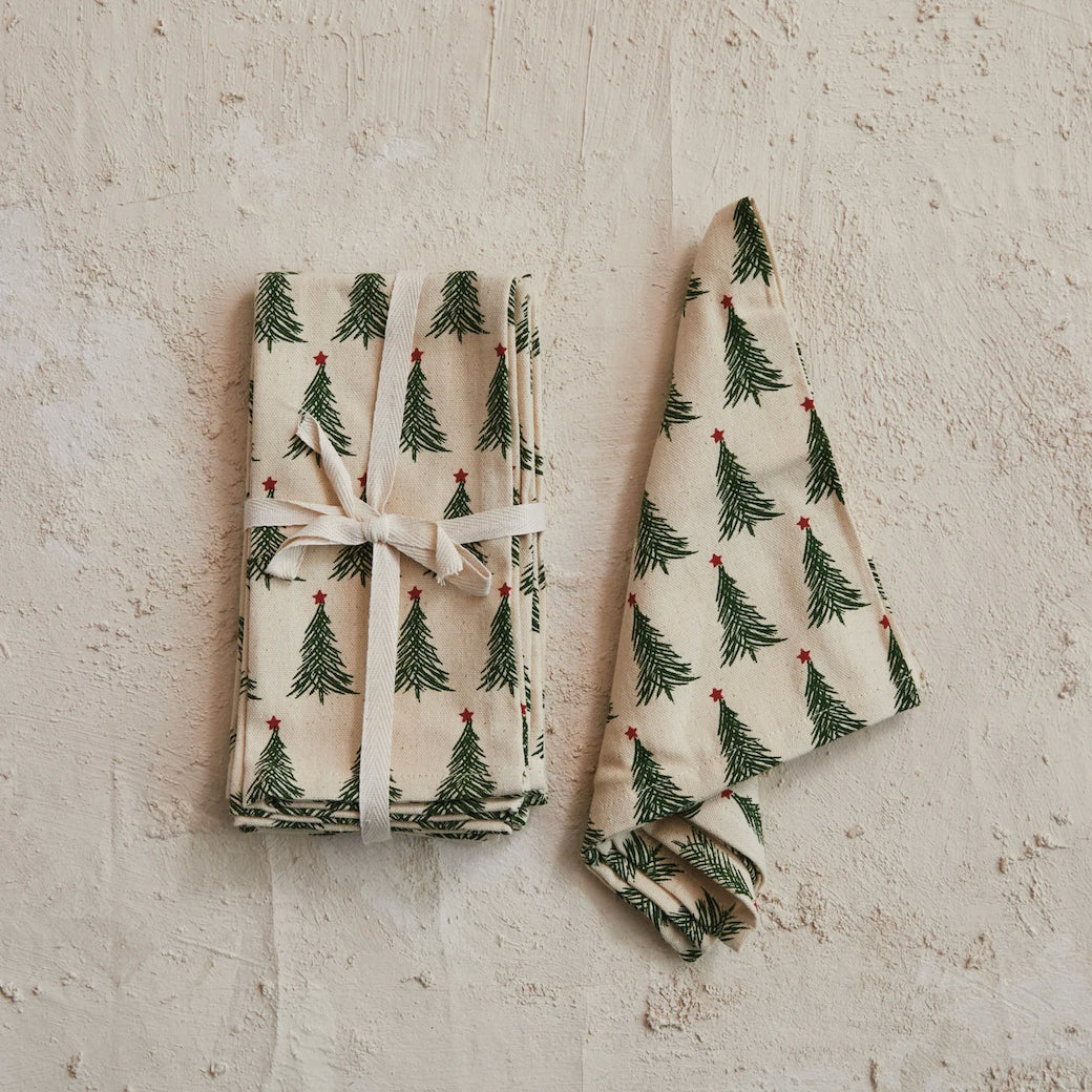 Set of Four Stonewashed Cotton Printed Cocktail Napkins w Tree Pattern