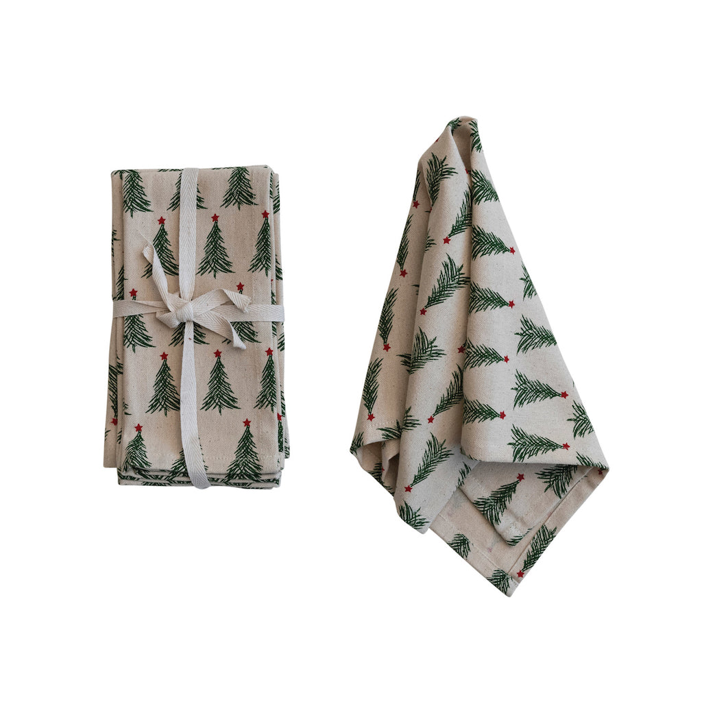 Set of Four Stonewashed Cotton Printed Cocktail Napkins w Tree Pattern