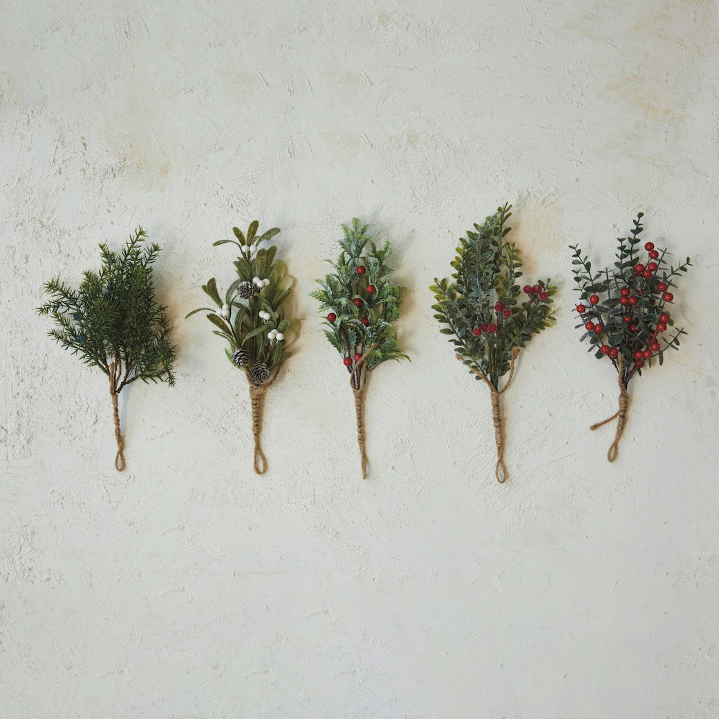 Set of Five Hanging Faux Evergreen & Berry Bunches Snowy/Icy Finish