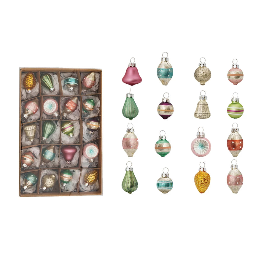 Boxed Set of 20 Petite Vintage-Style Hand-Painted Pastel Christmas Ornaments