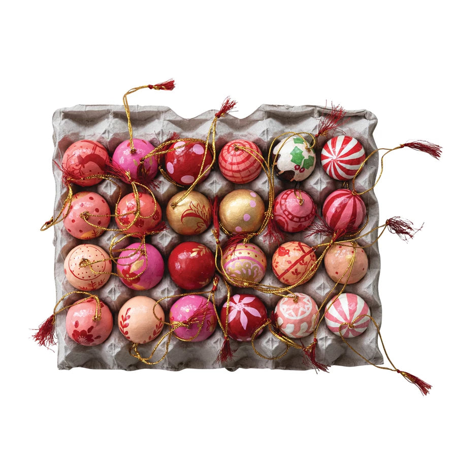 Set of 24 1" Paper Mache Christmas Ornaments Pink, Red, Orange