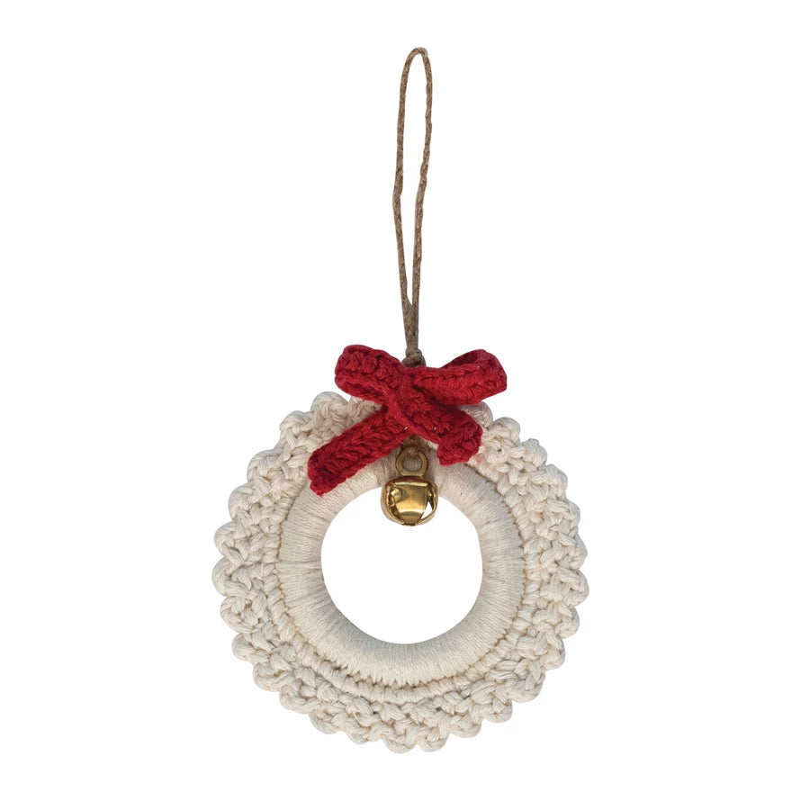 Set of Two Cotton Crocheted Wreath Ornaments w Red Bow & Jingle Bell