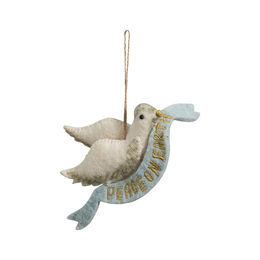 Handmade Wool Felt Dove Ornament with Embroidered “Peace on Earth” Banner