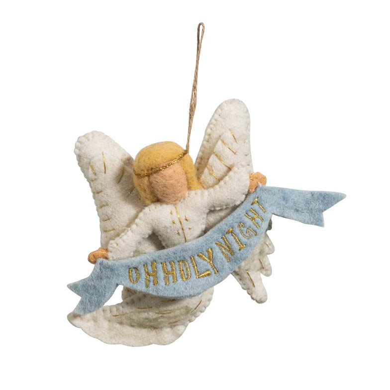 Handmade Wool Felt Angel Ornament w Embroidered “Oh Holy Night” Banner