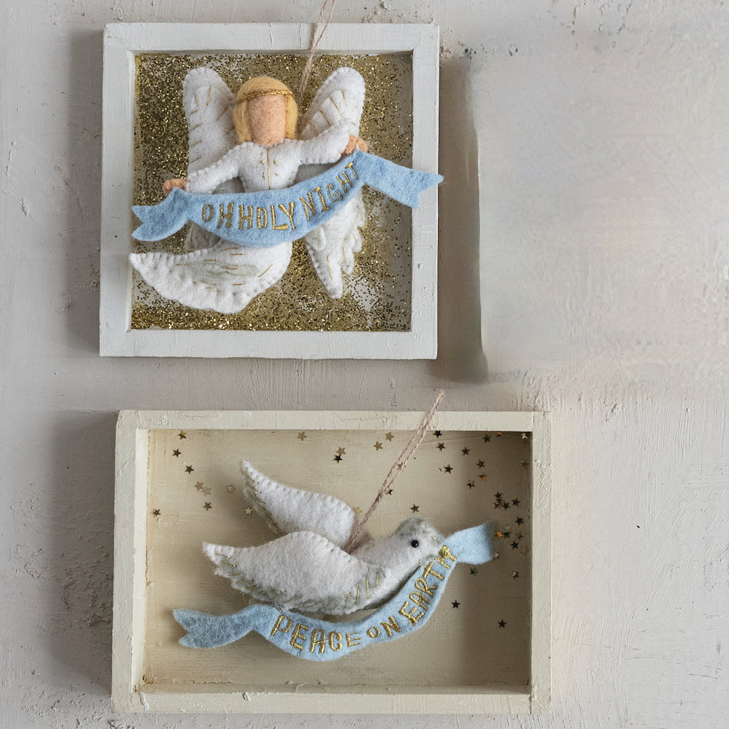 Handmade Wool Felt Angel Ornament w Embroidered “Oh Holy Night” Banner
