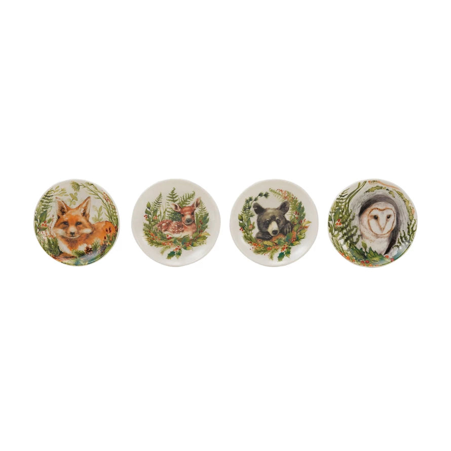Set of Four Stoneware Dishes w Woodland Animals & Seasonal Botanicals
