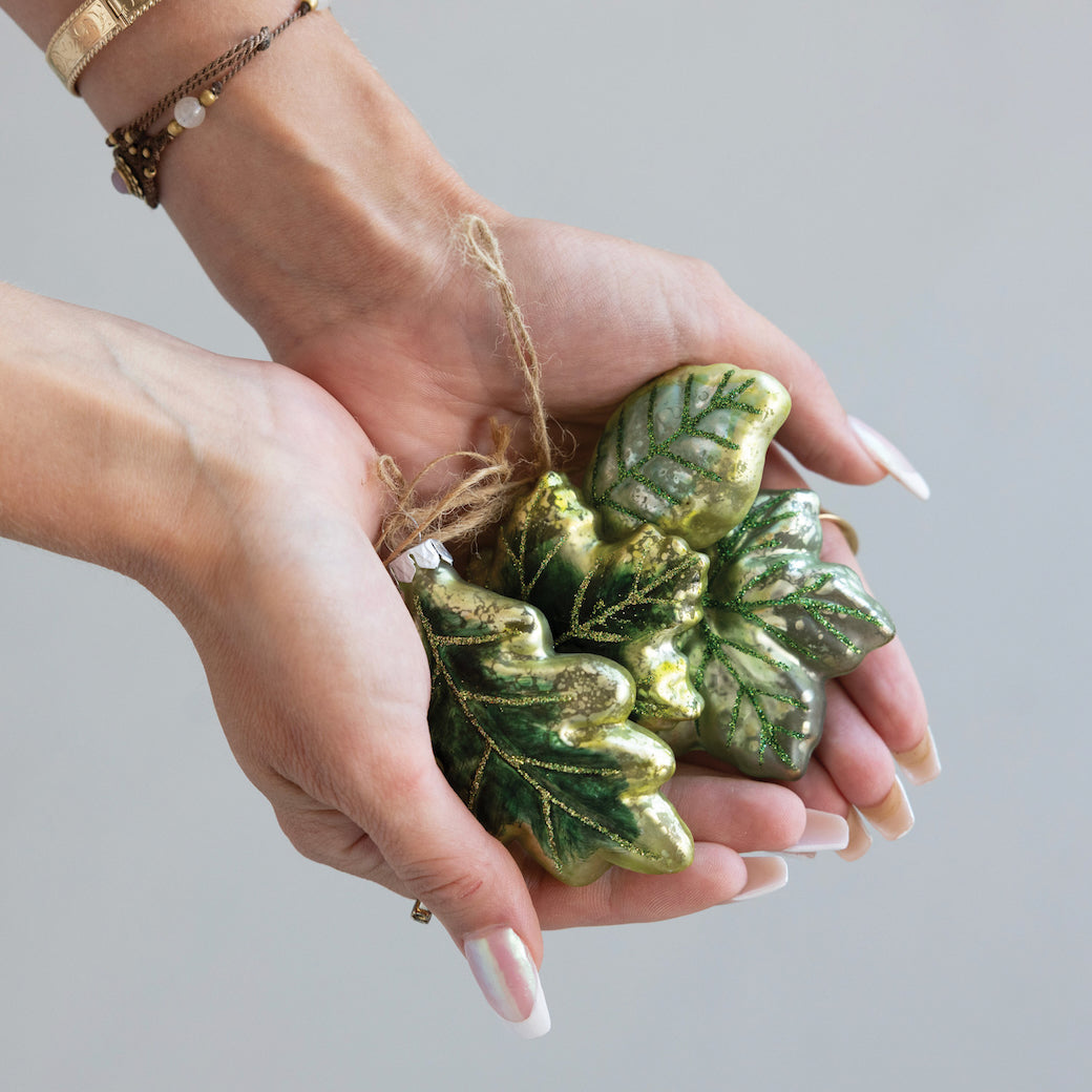 Hand-Painted Glittered Glass Leaf Ornaments CHOICE of Style