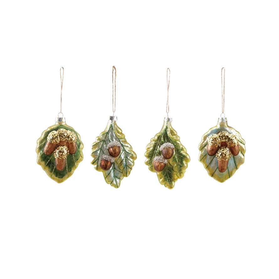 Hand-Painted Glass Leaf Ornament with Acorns &amp; Glitter, CHOICE of Four Styles