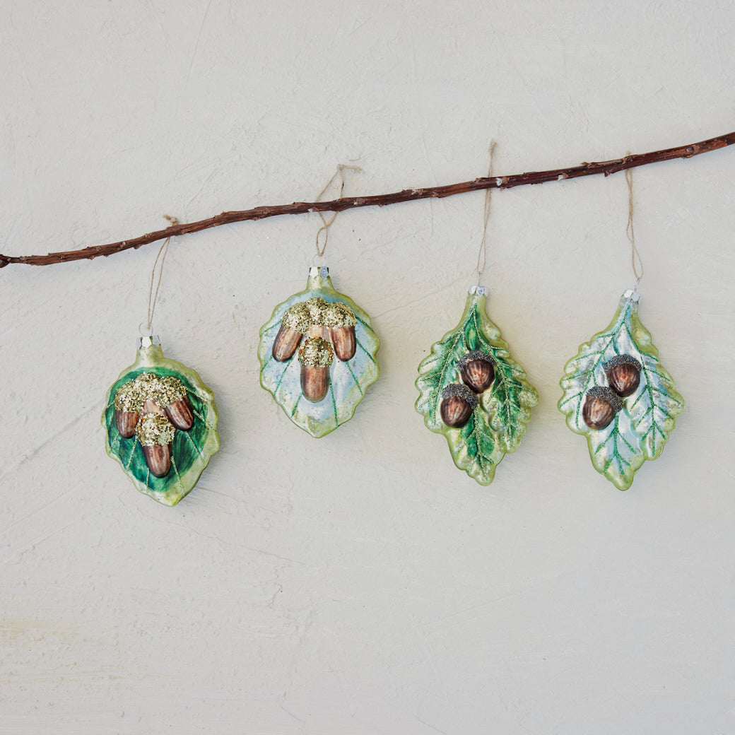 Hand-Painted Glass Leaf Ornament with Acorns &amp; Glitter, CHOICE of Four Styles