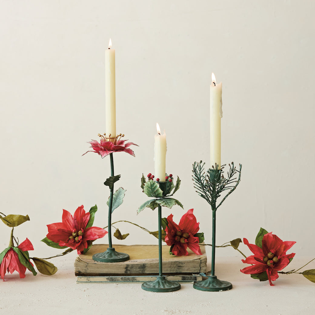 Reproduction Toleware Metal Taper Holders - CHOOSE Pine, Holly or Poinsettia