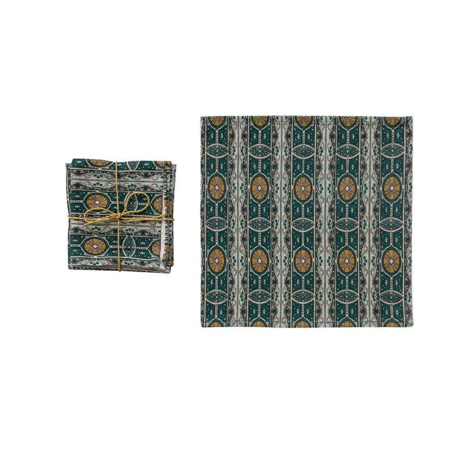 Set of 4 Linen/Cotton Cocktail Napkins in Green & Tan w Red & Black accents