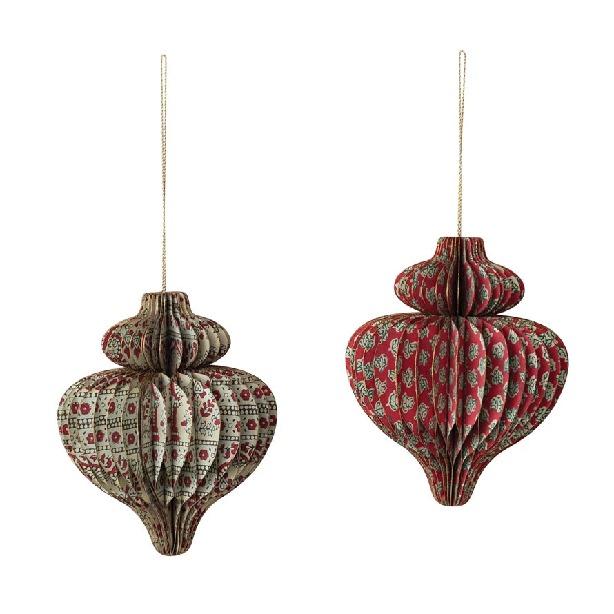 Handmade Recycled Block Printed Paper Folding Honeycomb Finial Ornament, CHOICE of Styles