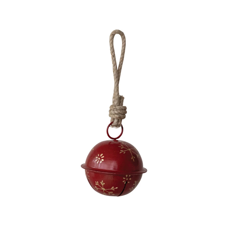 Hand-Painted Red Metal Jingle Bell Ornament w Gold Snowflakes 3.75”