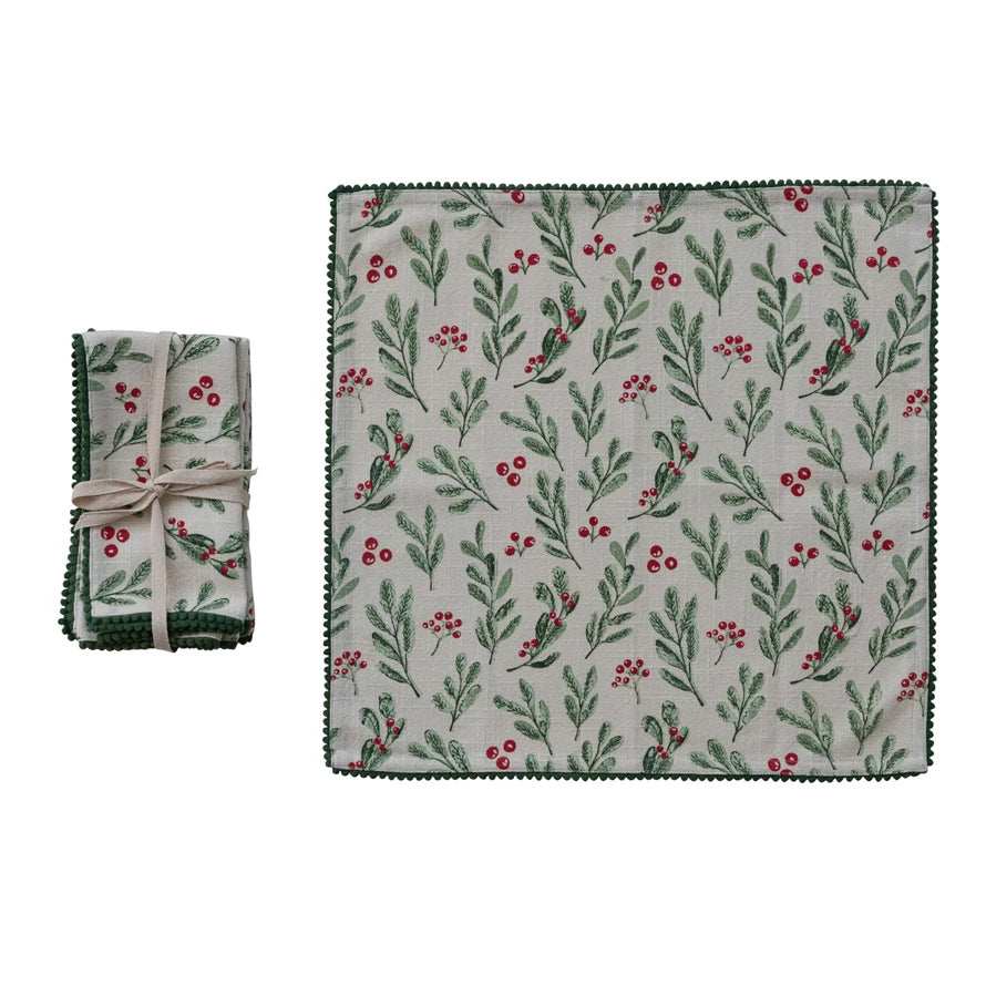 Set of Four Cotton Cloth Napkins w Holiday Botanicals & Mini Pom Pom Trim