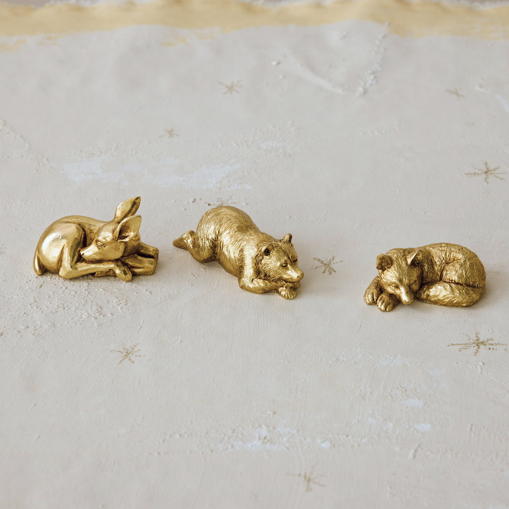 Set of Three Resin Sleeping Animals, Antique Gold Finish