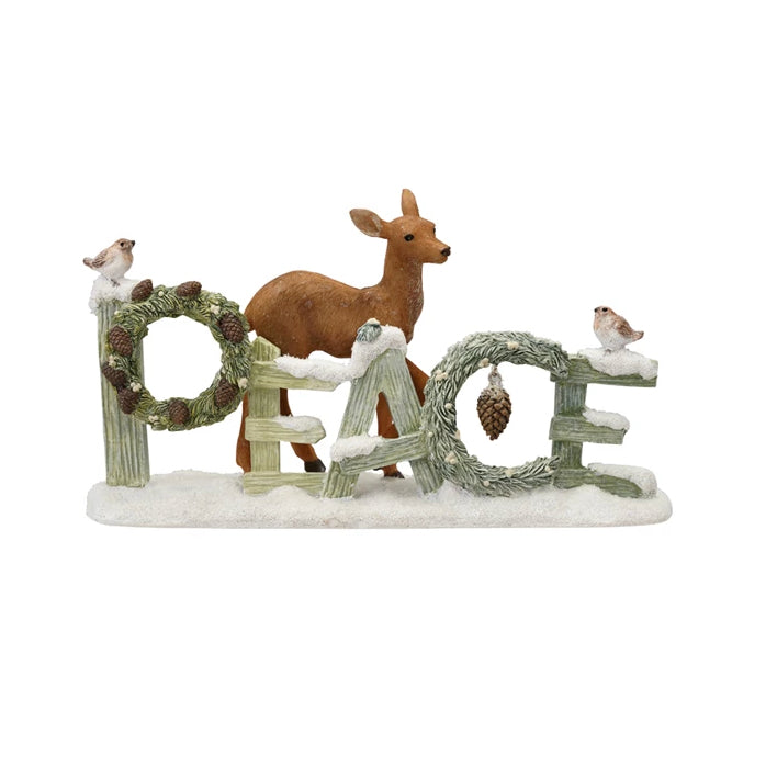 Resin “PEACE” Figure with Birds, Wreaths, & Deer