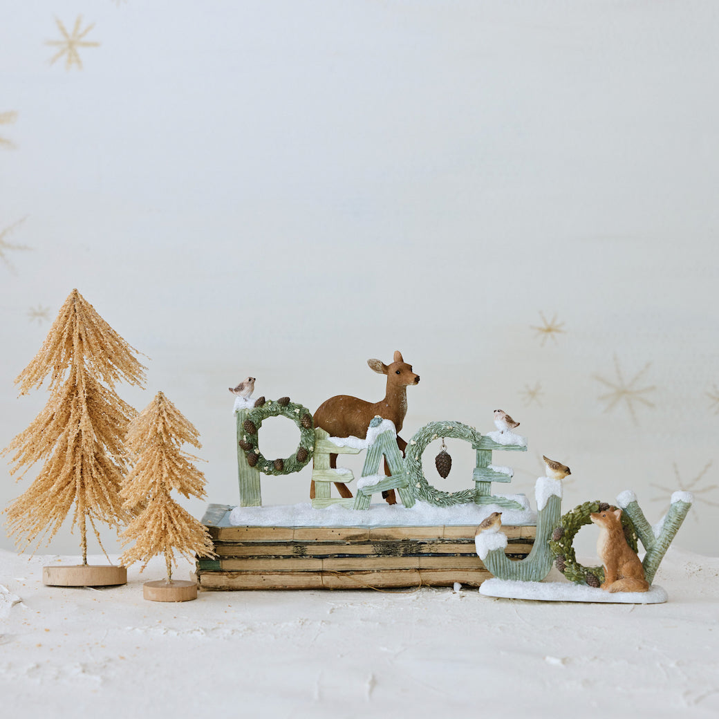 Resin “PEACE” Figure with Birds, Wreaths, & Deer