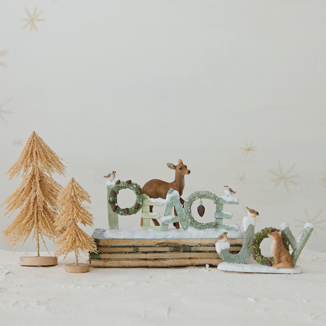 Resin “JOY” Figure with Wreath, Birds and Fox