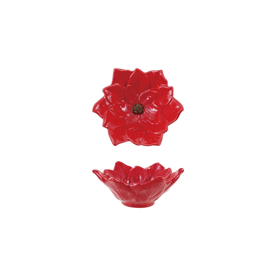 Set of 2 Small Hand-Painted Ceramic Poinsettia-Shaped Bowls