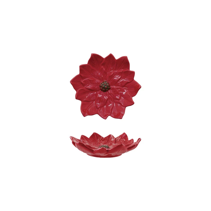 Set of Two Small Hand-Painted Ceramic Poinsettia Shaped Dishes