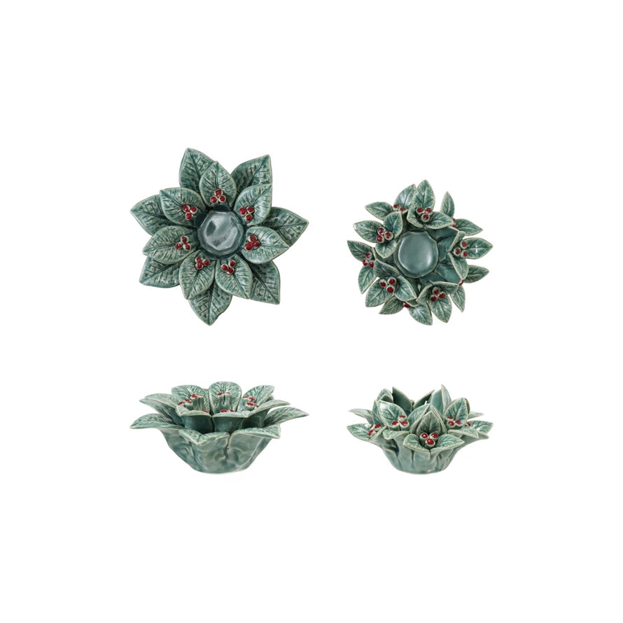 Set of 2 Stoneware Holly Leaves & Berries Tealight Holders
