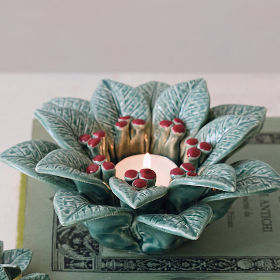 Set of 2 Stoneware Holly Leaves & Berries Tealight Holders