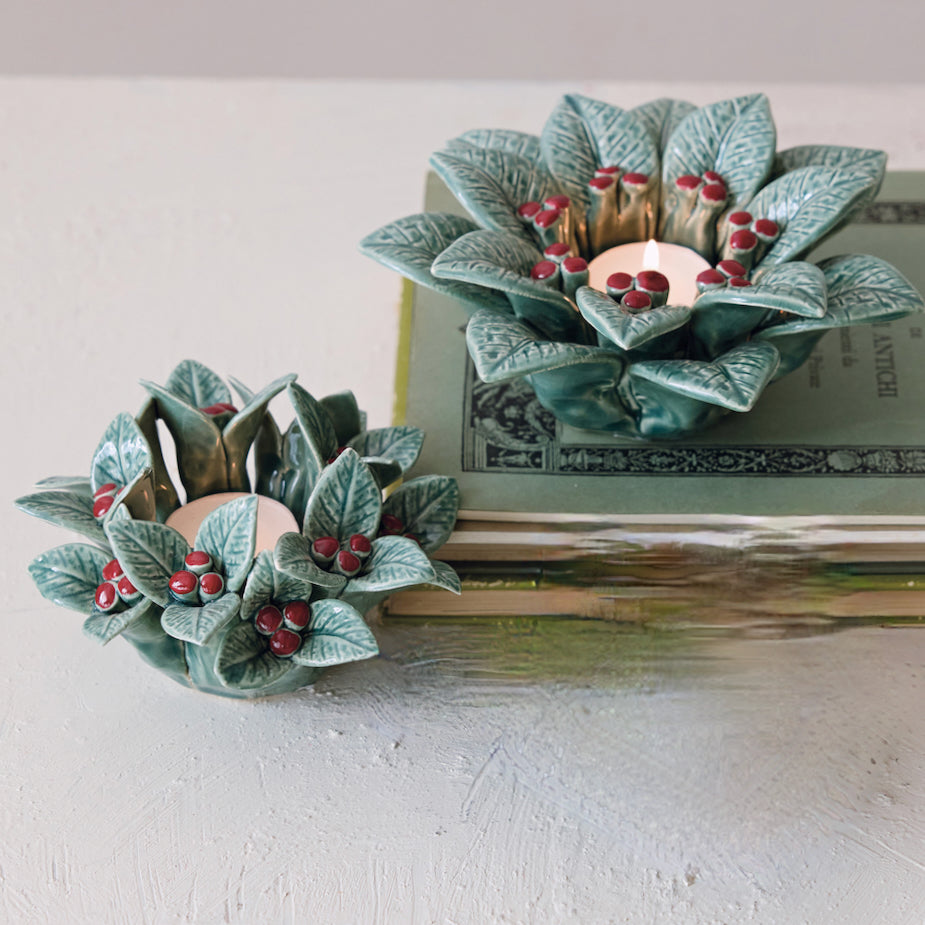 Set of 2 Stoneware Holly Leaves & Berries Tealight Holders