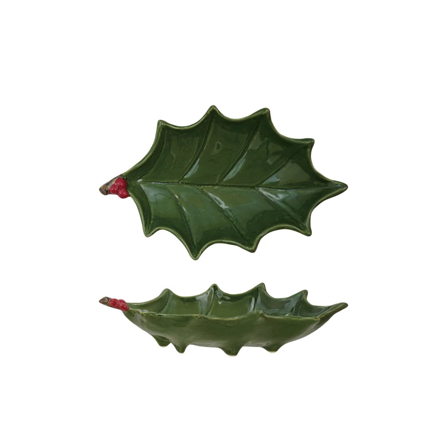 Hand-Painted Ceramic Holly Leaf Shaped Footed Serving Dish
