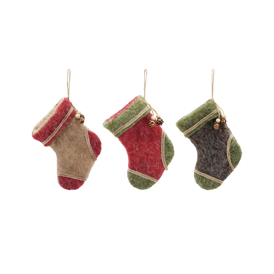 Set of Three Mini Felt Stocking Ornaments with Pine Cones