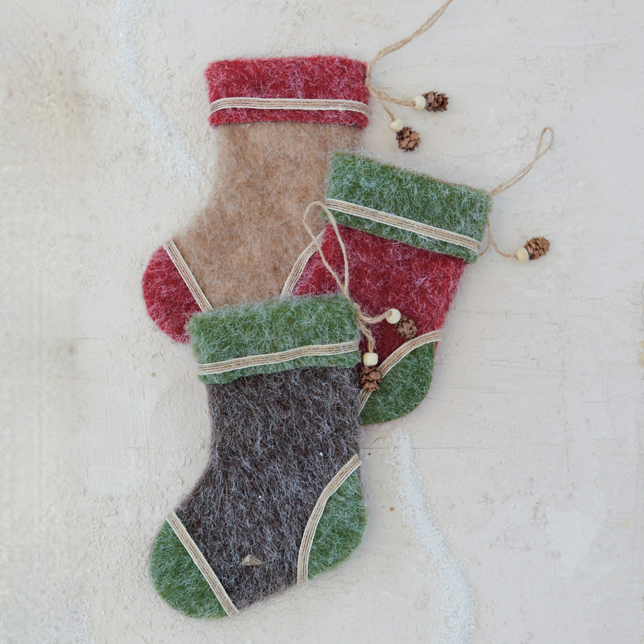 Set of Three Mini Felt Stocking Ornaments with Pine Cones