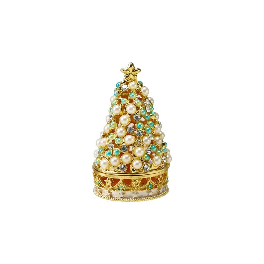 Enameled Metal Christmas Tree-Shaped Bejewled Trinket Box with Stars & Faux Pearls