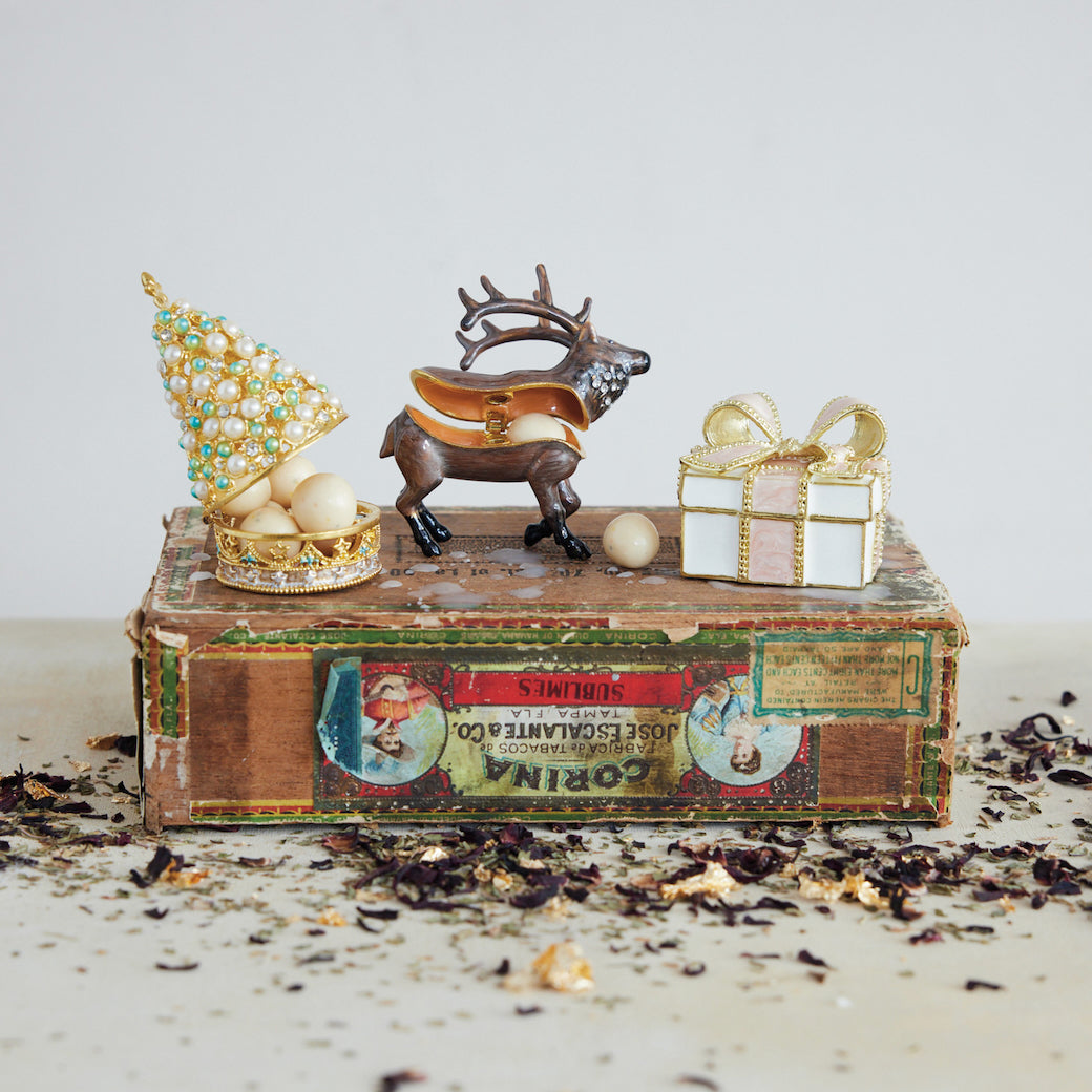 Enameled Metal Christmas Tree-Shaped Bejewled Trinket Box with Stars & Faux Pearls
