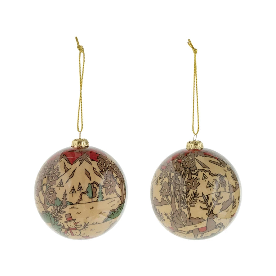 Set of Two Decoupaged Ornaments w Woodland & Snowman Scenes