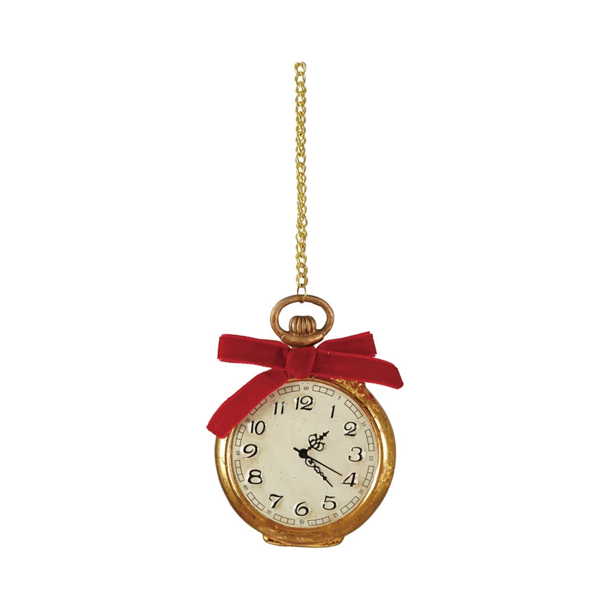 Vintage-Style Glass Pocket Watch Ornament on Chain with Red Velvet Bow