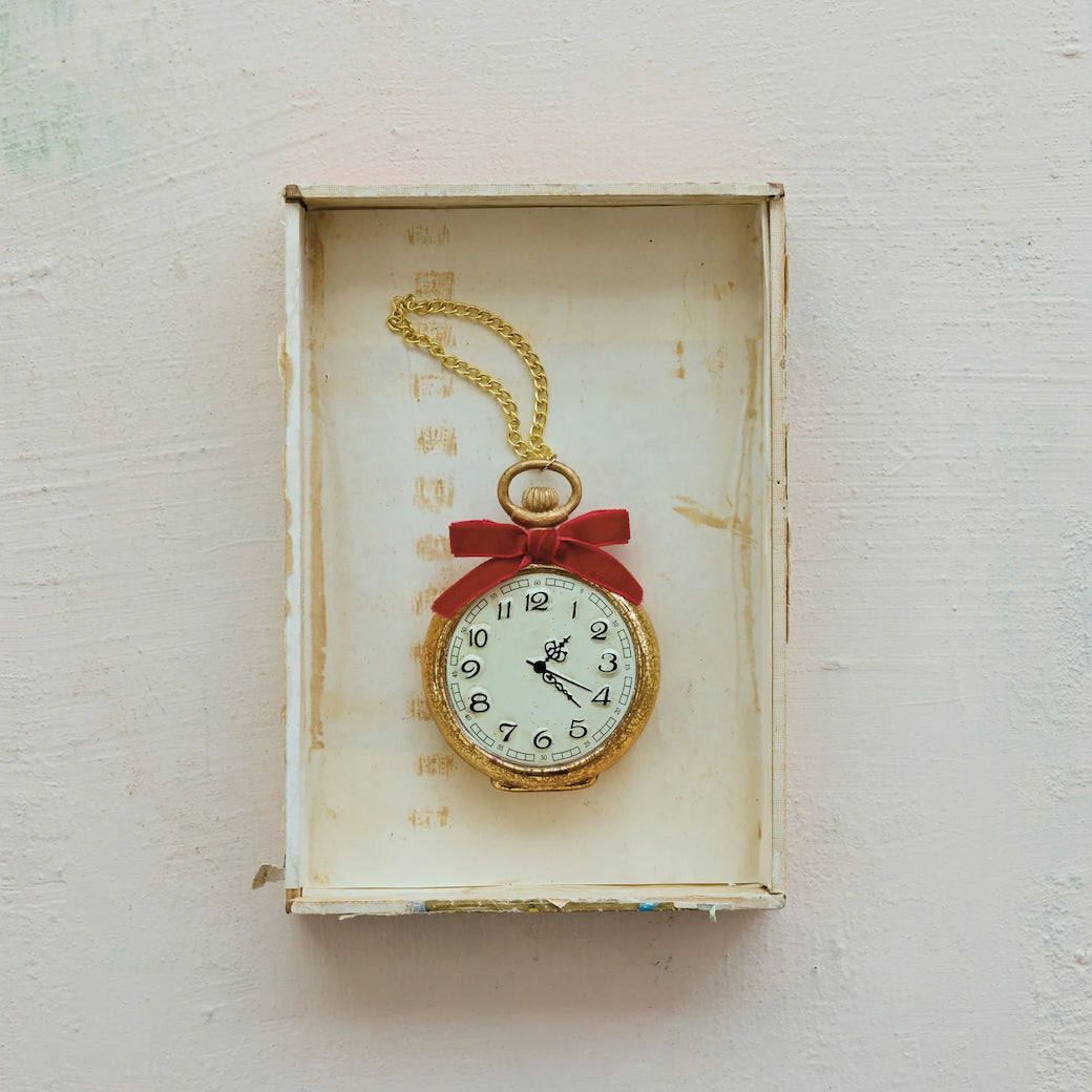 Vintage-Style Glass Pocket Watch Ornament on Chain with Red Velvet Bow