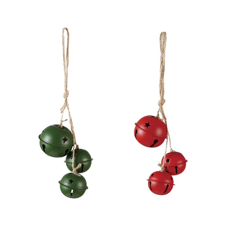 Set of Two Hanging Metal Jingle Bells with Star Cut-Outs Red & Green