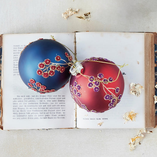 Set of Two Glass Ball Ornament with Botanical Bead Design