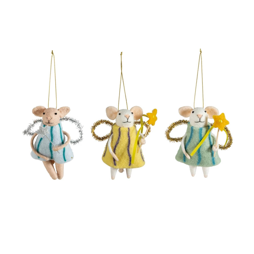 Wool Felt Fairy Mouse Ornament w Wand, Choice of 3 Styles