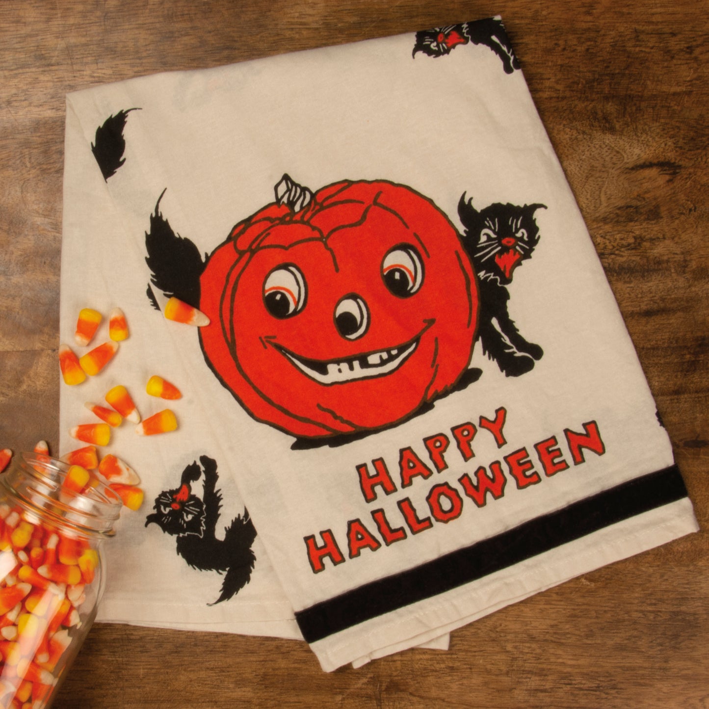 Happy Halloween Dish Towel with Jack O Lantern & Black Cats