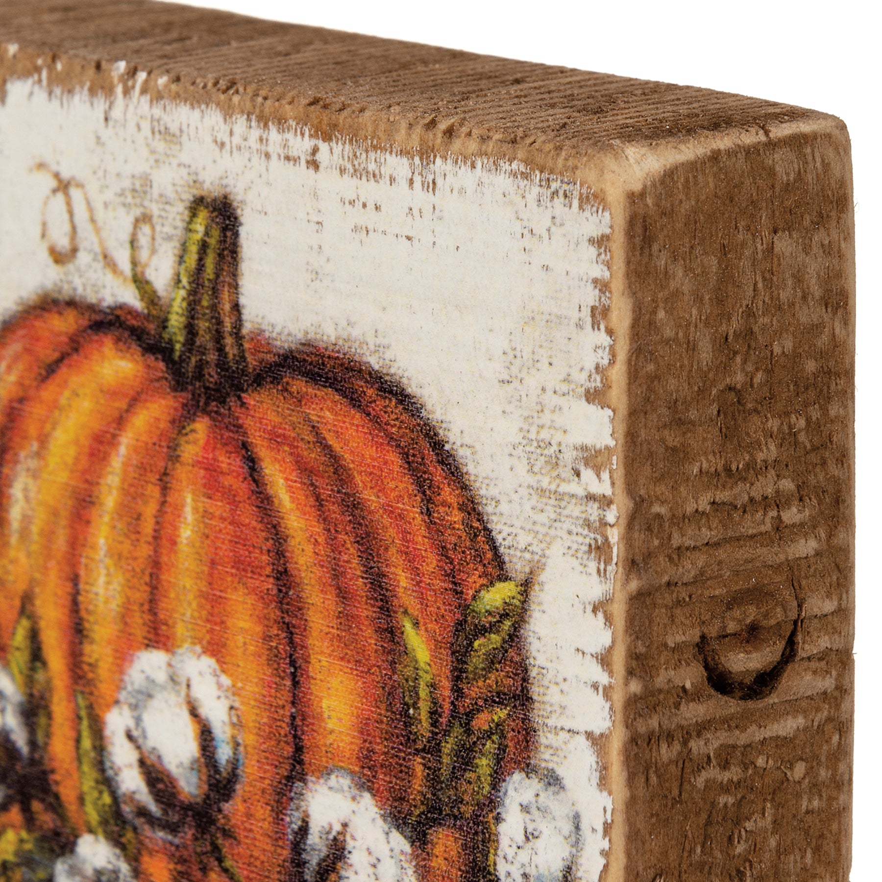 Petite Rustic Wooden Block Sign Orange Pumpkin w Cotton Bolls - B