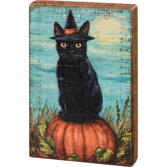 Petite Rustic Wooden Block Sign Black Cat Witch - A