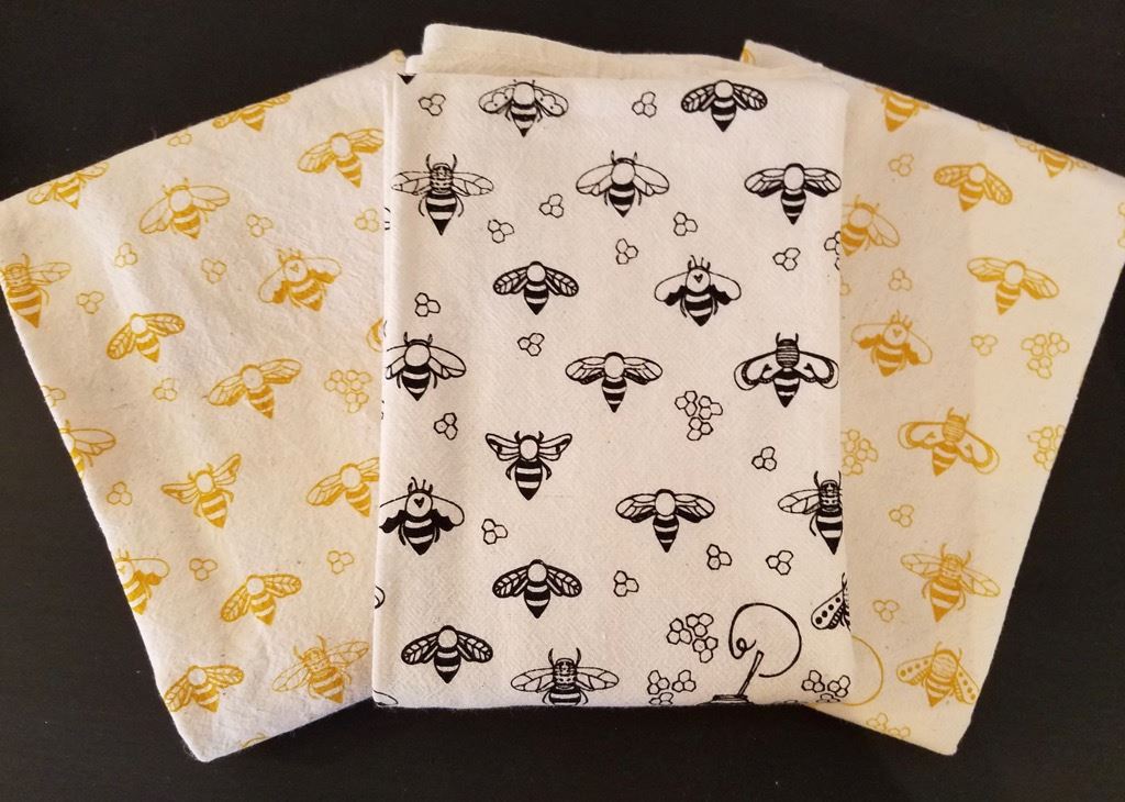 Hand-Printed Honeybees Flour Sack Tea Towel in Black & Gold