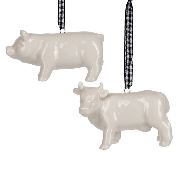 Petite Porcelain Cow & Pig Christmas Ornaments