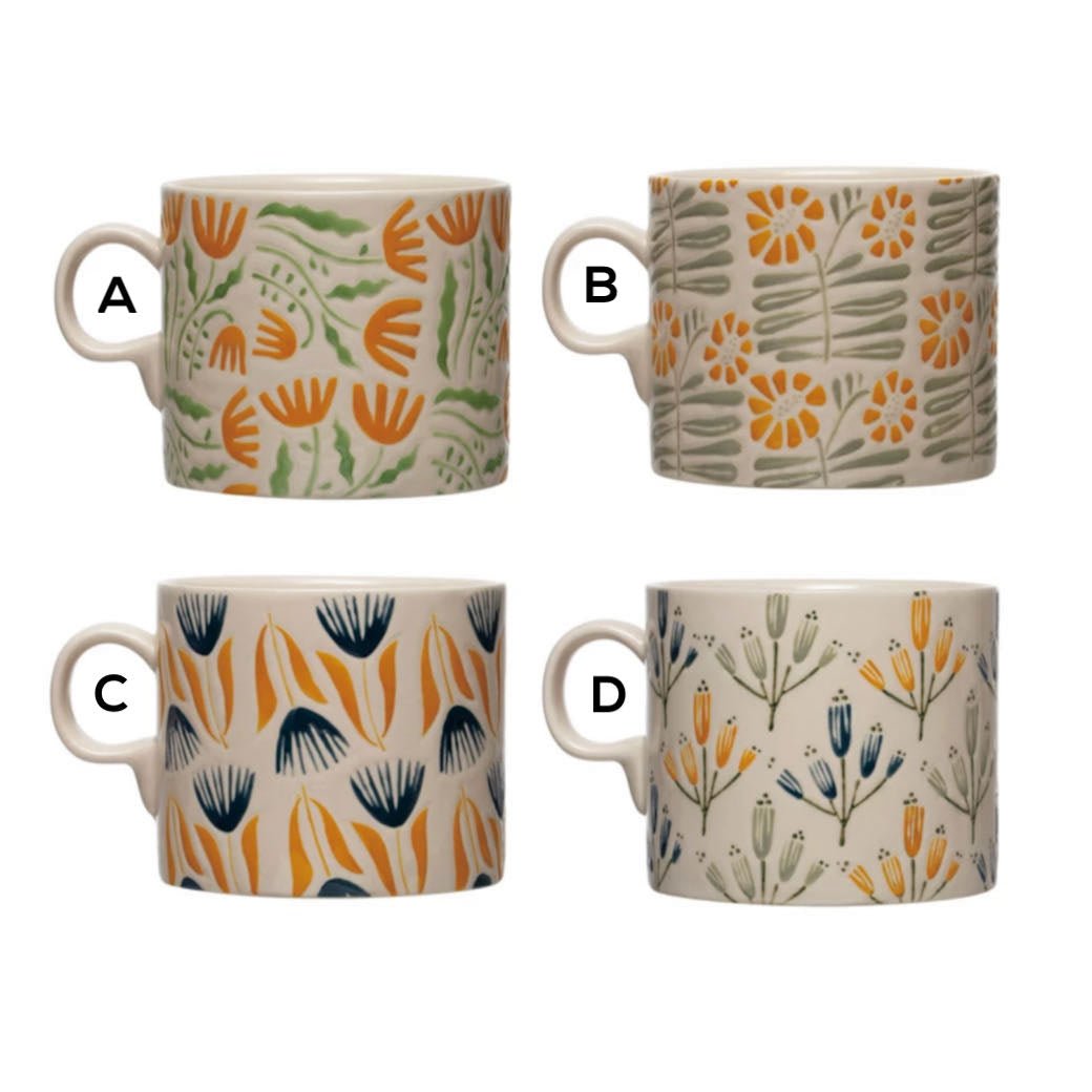 18oz Stoneware Mug w Wax Relief Floral Pattern CHOICE of Four Styles - Marmalade Mercantile