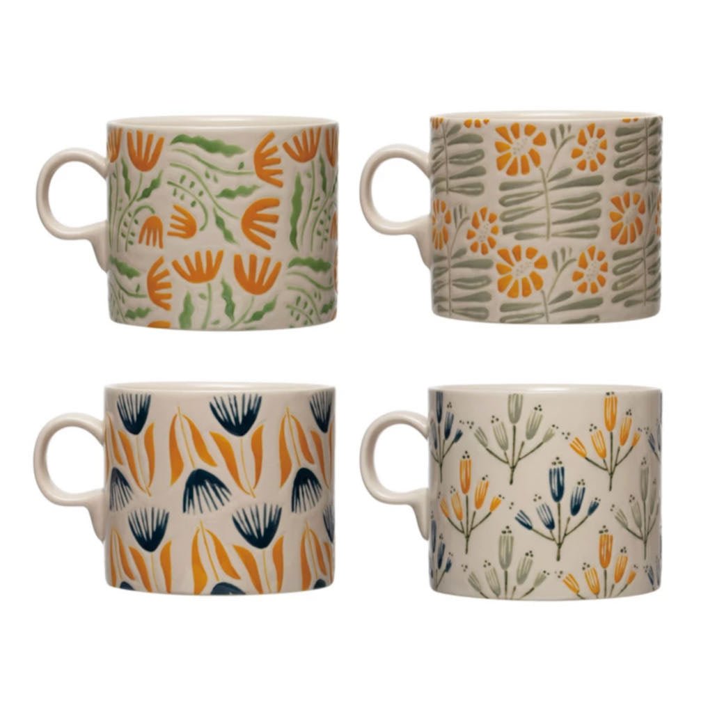 18oz Stoneware Mug w Wax Relief Floral Pattern CHOICE of Four Styles - Marmalade Mercantile