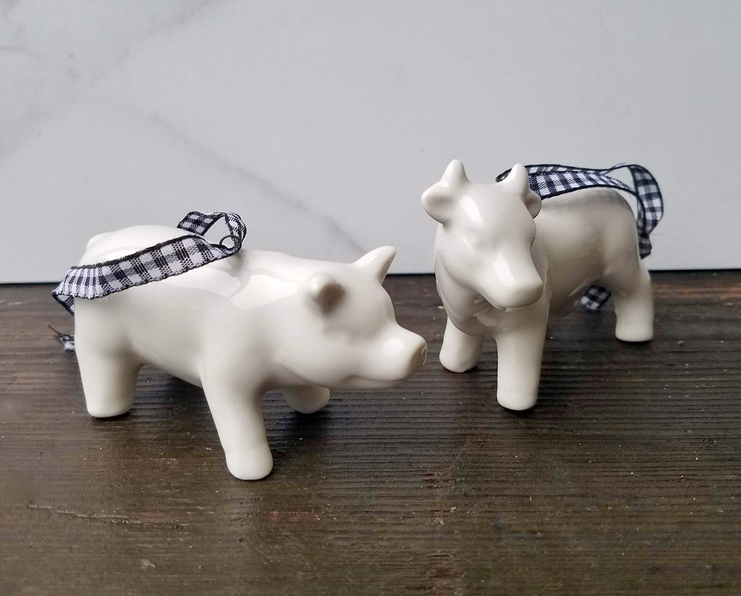 Petite Porcelain Cow & Pig Christmas Ornaments